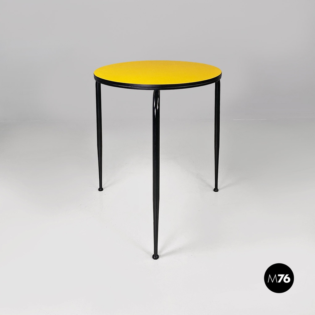 Italian mid-century modern round yellow laminate and black metal bar table 1950s