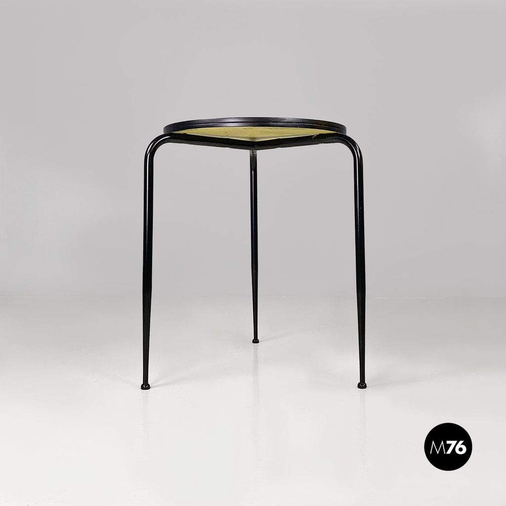 Italian mid-century modern round yellow laminate and black metal bar table 1950s