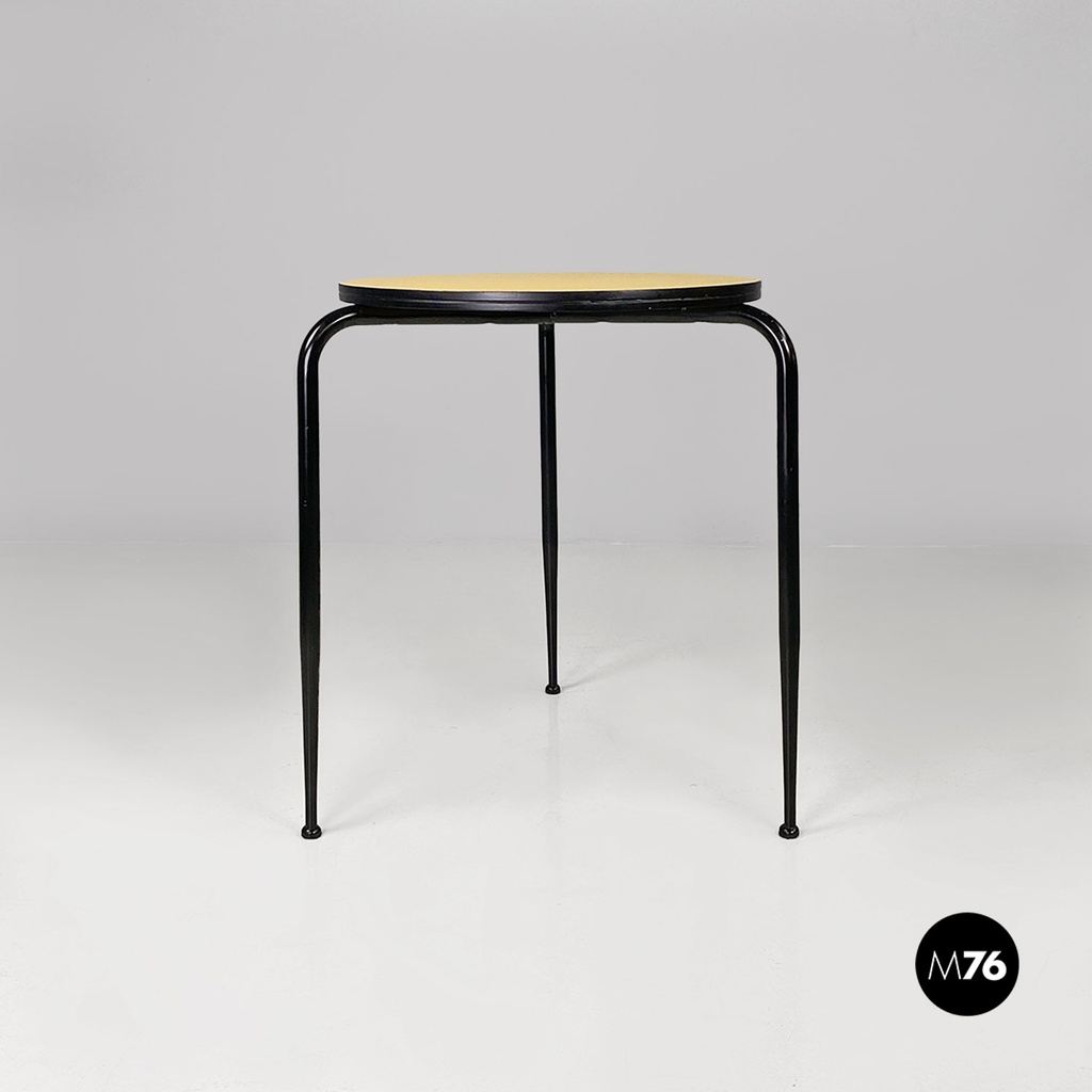 Italian mid-century modern round yellow laminate and black metal bar table 1950s