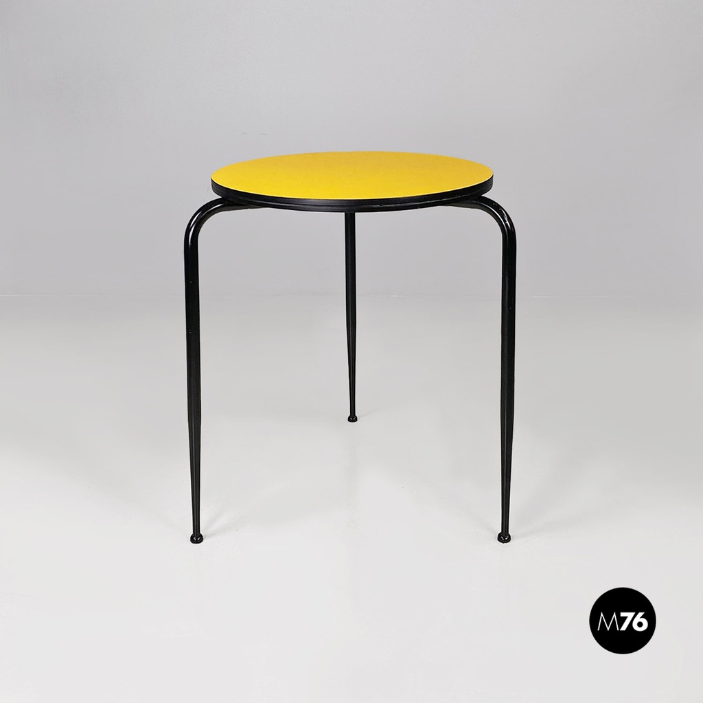 Italian mid-century modern round yellow laminate and black metal bar table 1950s