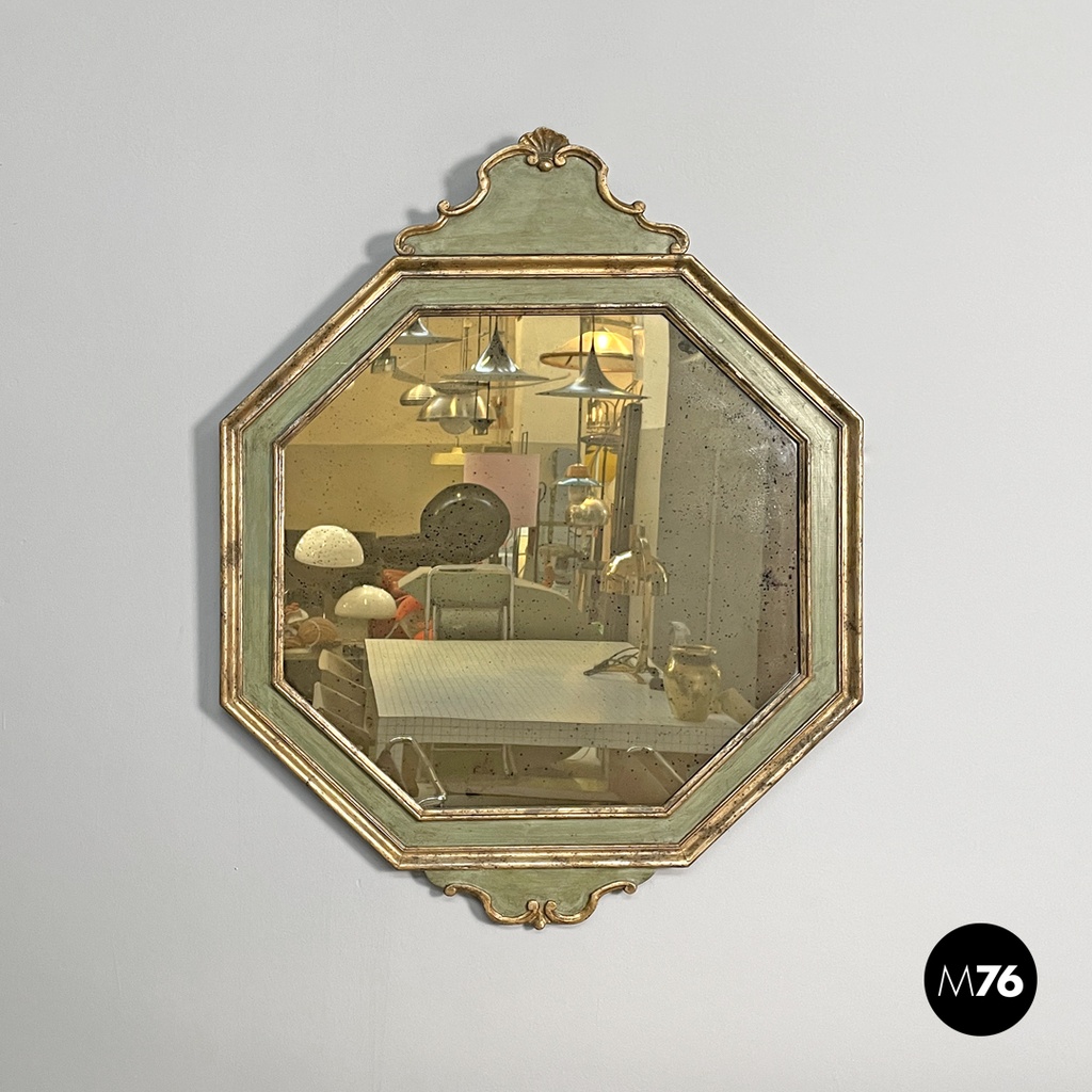 Italian antique octagonal wall mirror in green wood with golden profiles, 1700s