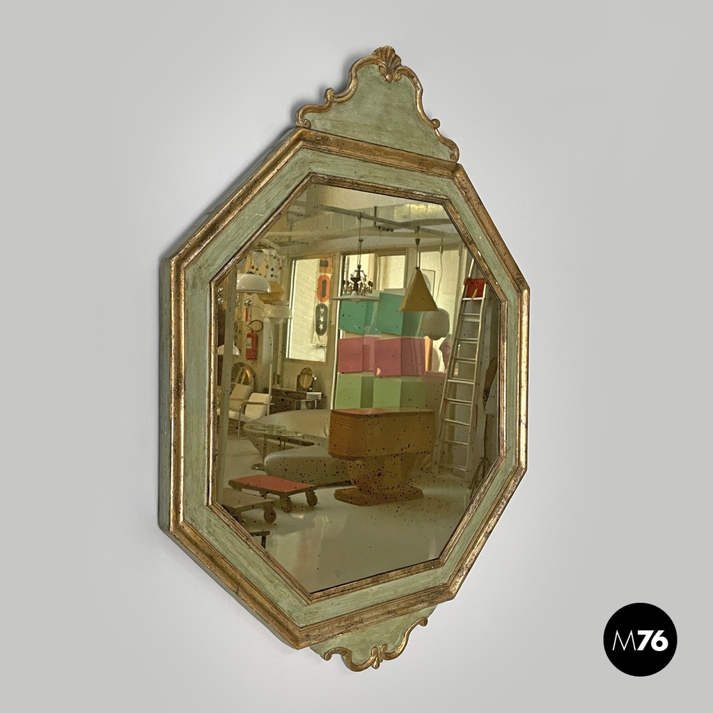 Italian antique octagonal wall mirror in green wood with golden profiles, 1700s