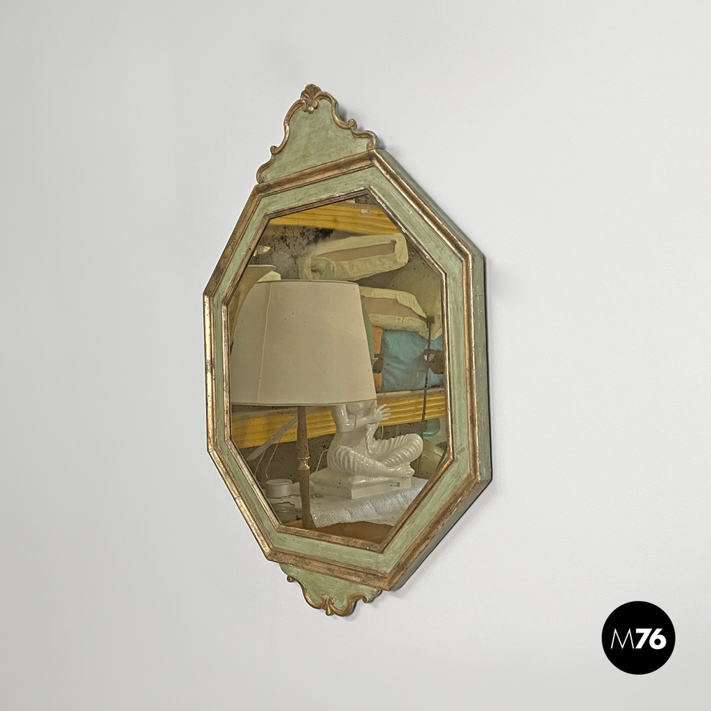 Italian antique octagonal wall mirror in green wood with golden profiles, 1700s