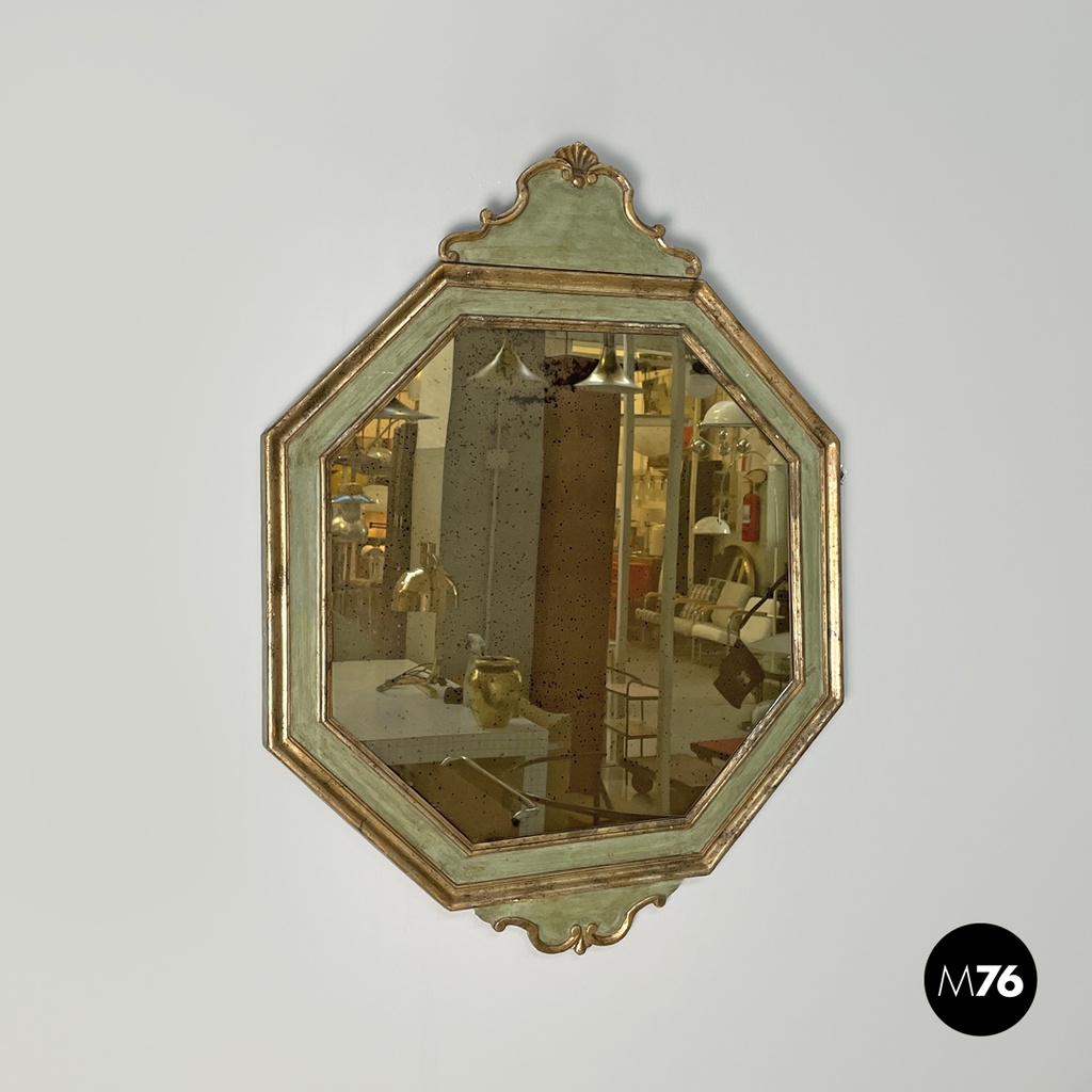 Italian antique octagonal wall mirror in green wood with golden profiles, 1700s