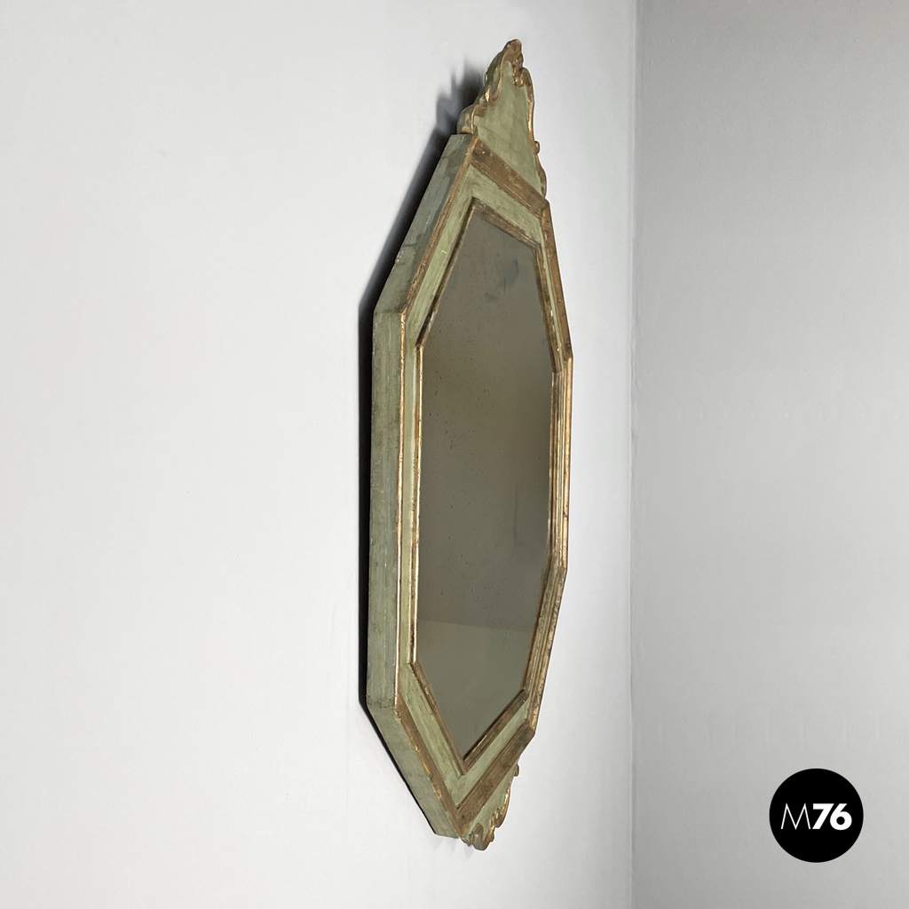 Italian antique octagonal wall mirror in green wood with golden profiles, 1700s