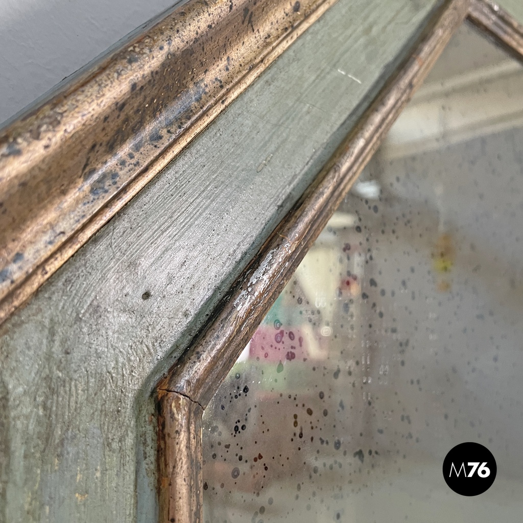 Italian antique octagonal wall mirror in green wood with golden profiles, 1700s