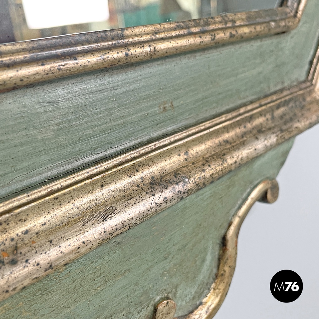 Italian antique octagonal wall mirror in green wood with golden profiles, 1700s