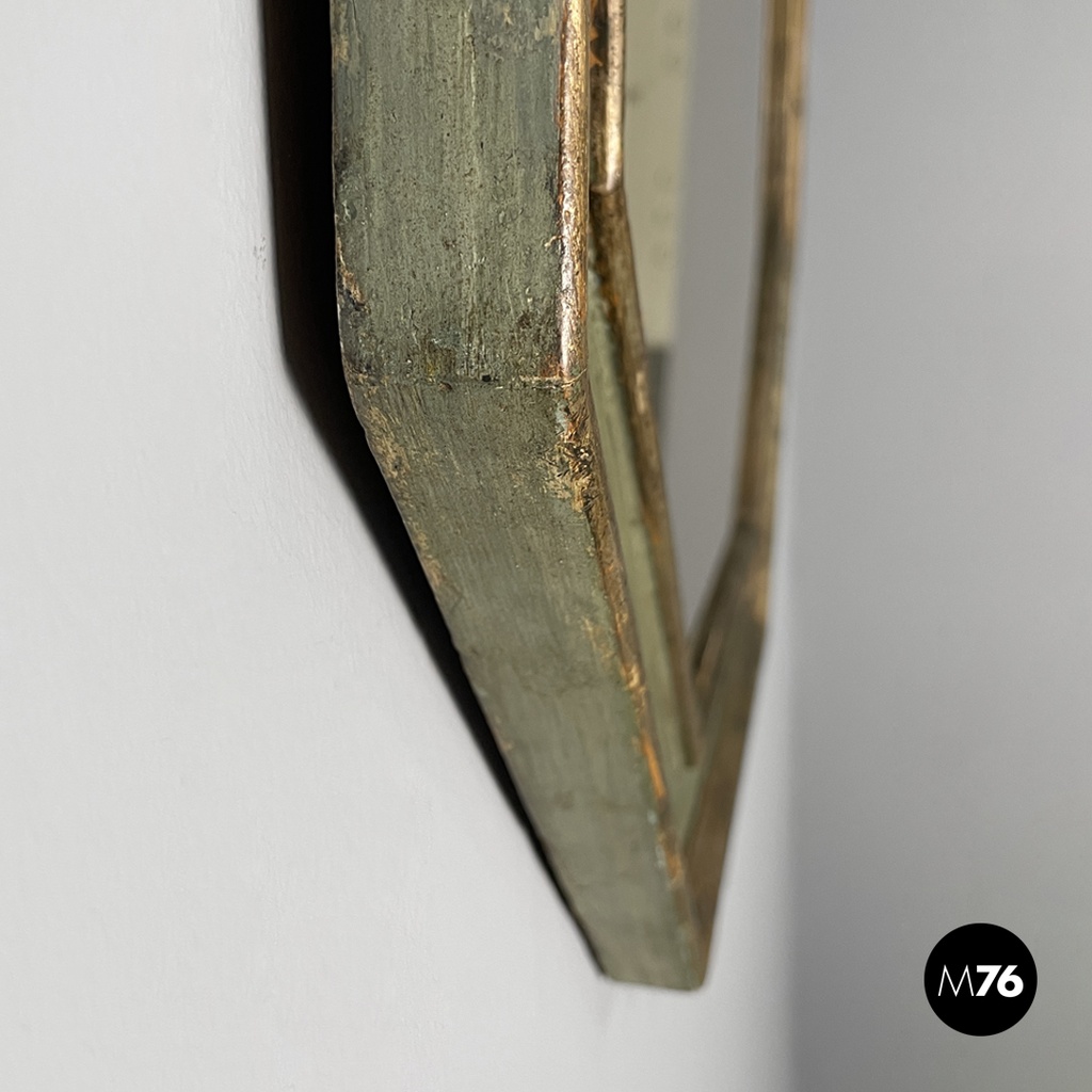 Italian antique octagonal wall mirror in green wood with golden profiles, 1700s