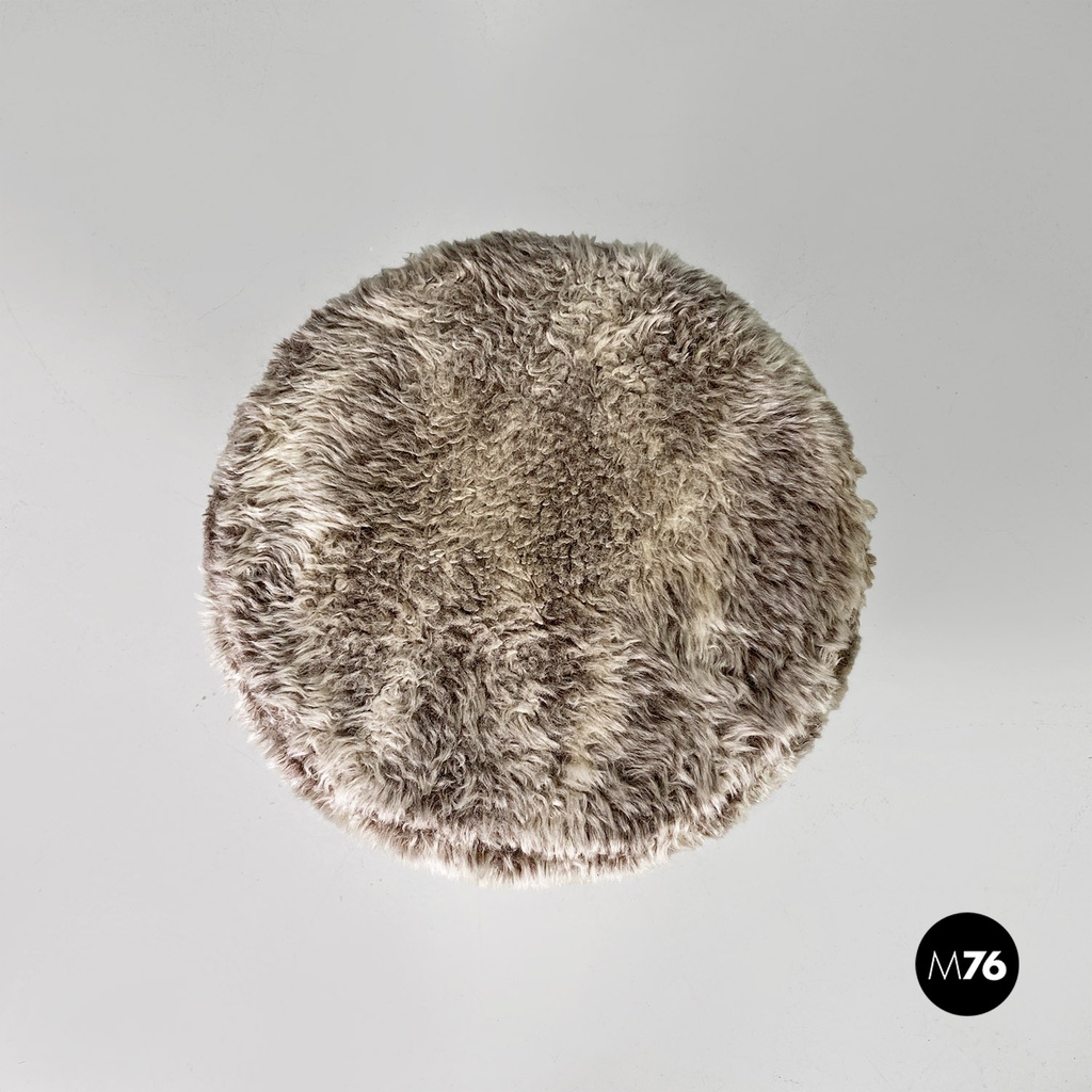 Scandinavian modern white grey long pile fabric and metal pouf or stool, 1970s