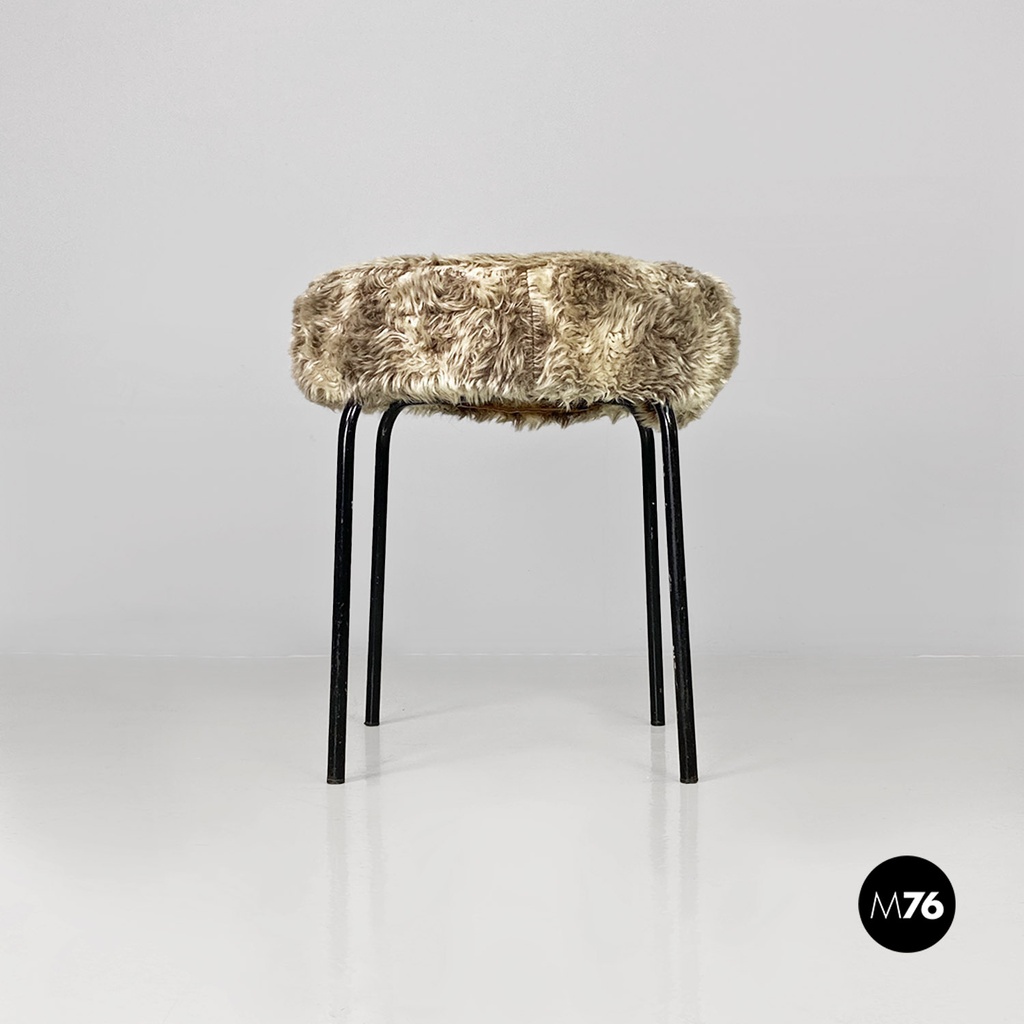 Scandinavian modern white grey long pile fabric and metal pouf or stool, 1970s