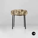 Scandinavian modern white grey long pile fabric and metal pouf or stool, 1970s