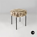 Scandinavian modern white grey long pile fabric and metal pouf or stool, 1970s