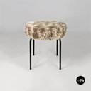 Scandinavian modern white grey long pile fabric and metal pouf or stool, 1970s