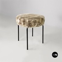 Scandinavian modern white grey long pile fabric and metal pouf or stool, 1970s