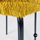 Scandinavian modern dark yellow long pile fabric and metal pouf or stool, 1970s