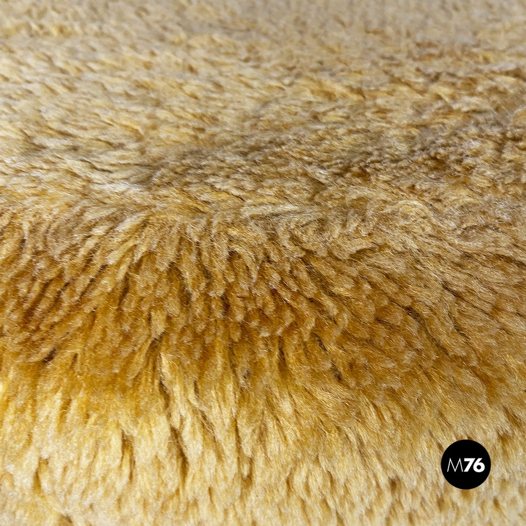 Scandinavian modern dark yellow long pile fabric and metal pouf or stool, 1970s