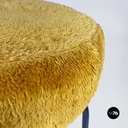 Scandinavian modern dark yellow long pile fabric and metal pouf or stool, 1970s