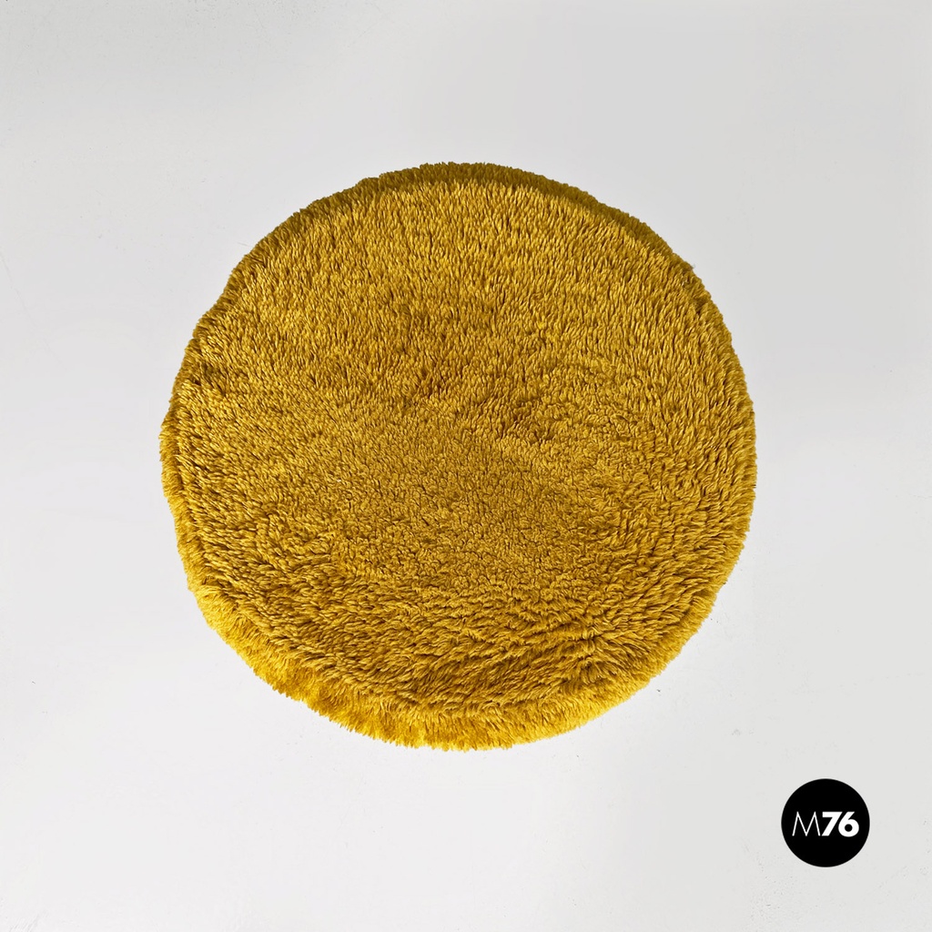 Scandinavian modern dark yellow long pile fabric and metal pouf or stool, 1970s