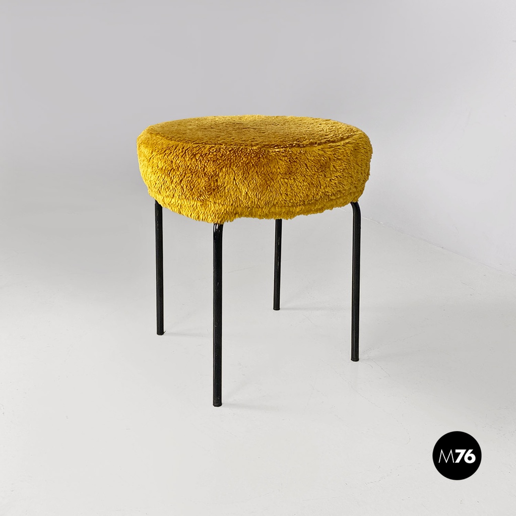 Scandinavian modern dark yellow long pile fabric and metal pouf or stool, 1970s