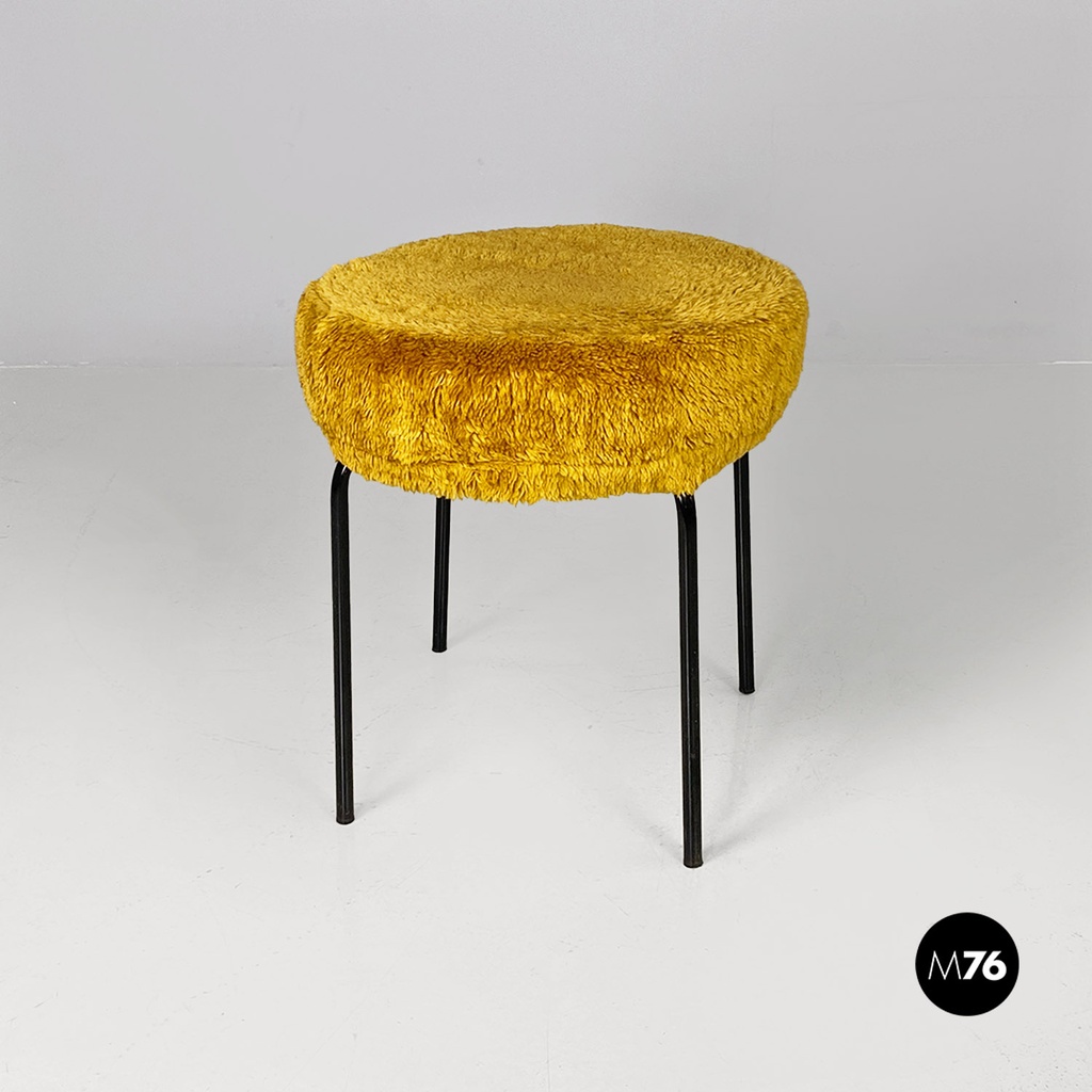 Scandinavian modern dark yellow long pile fabric and metal pouf or stool, 1970s