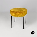 Scandinavian modern dark yellow long pile fabric and metal pouf or stool, 1970s
