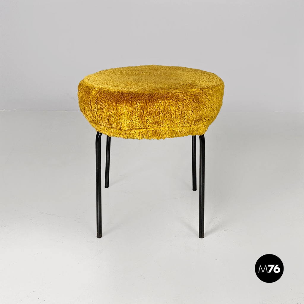 Scandinavian modern dark yellow long pile fabric and metal pouf or stool, 1970s