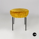 Scandinavian modern dark yellow long pile fabric and metal pouf or stool, 1970s