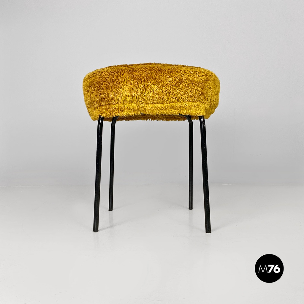 Scandinavian modern dark yellow long pile fabric and metal pouf or stool, 1970s