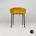 Scandinavian modern dark yellow long pile fabric and metal pouf or stool, 1970s