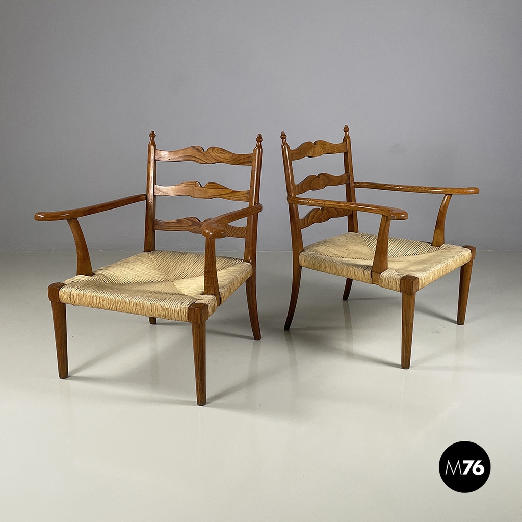 Italian mid-century modern Armchairs in woven straw and wood, 1940s