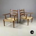 Italian mid-century modern Armchairs in woven straw and wood, 1940s