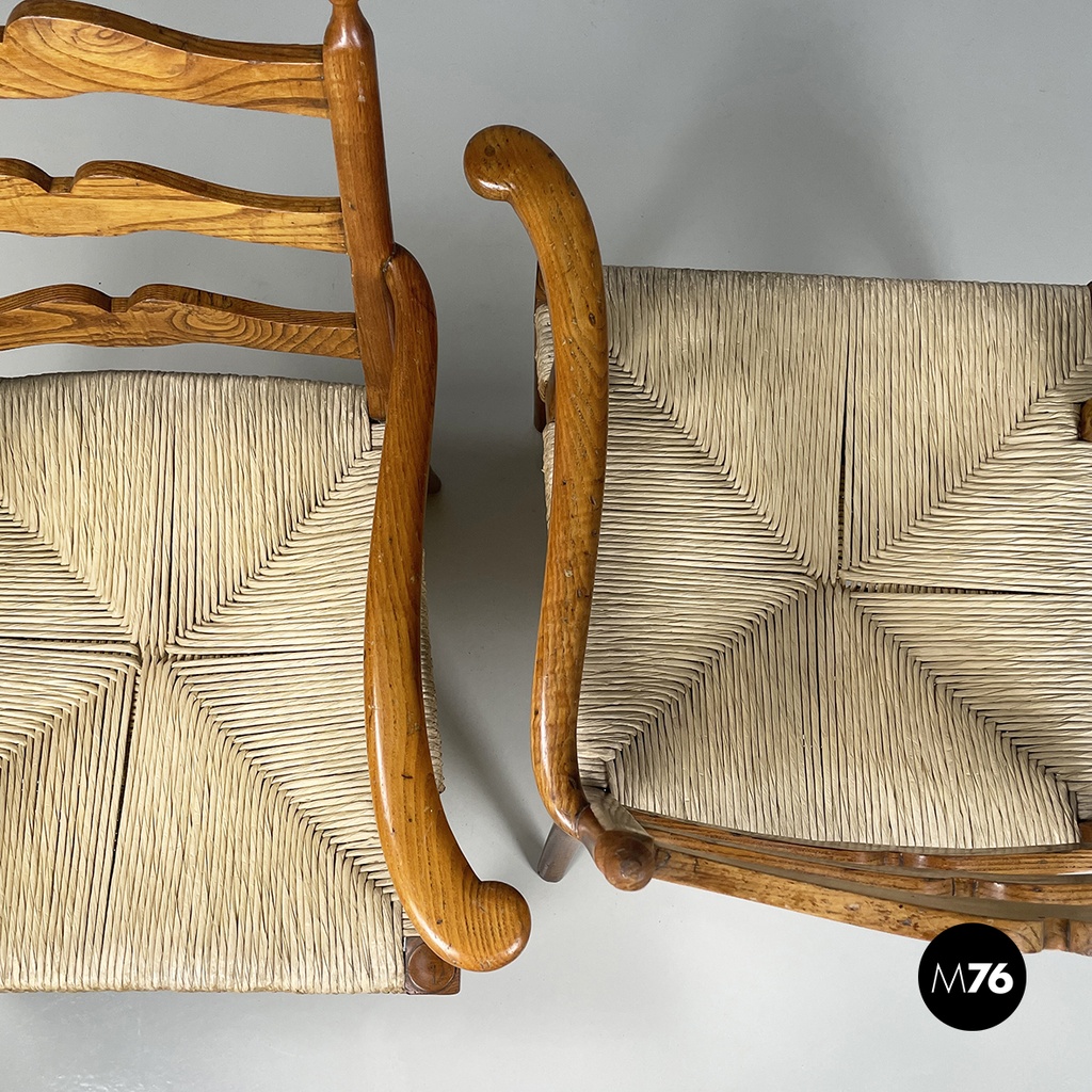 Italian mid-century modern Armchairs in woven straw and wood, 1940s