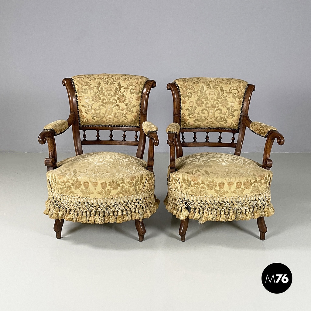 Italian Luigi XVI Armchairs in wood and yellow fabric, end of 1800s