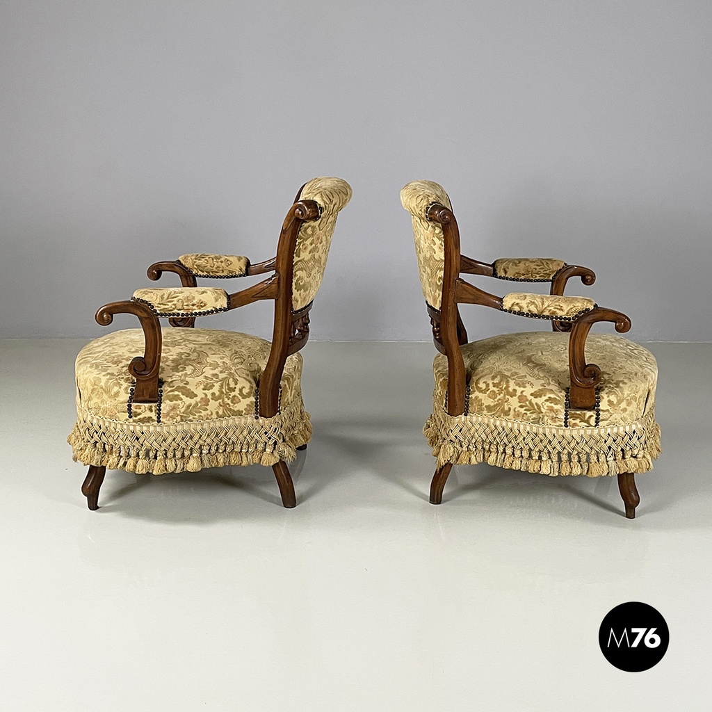 Italian Luigi XVI Armchairs in wood and yellow fabric, end of 1800s