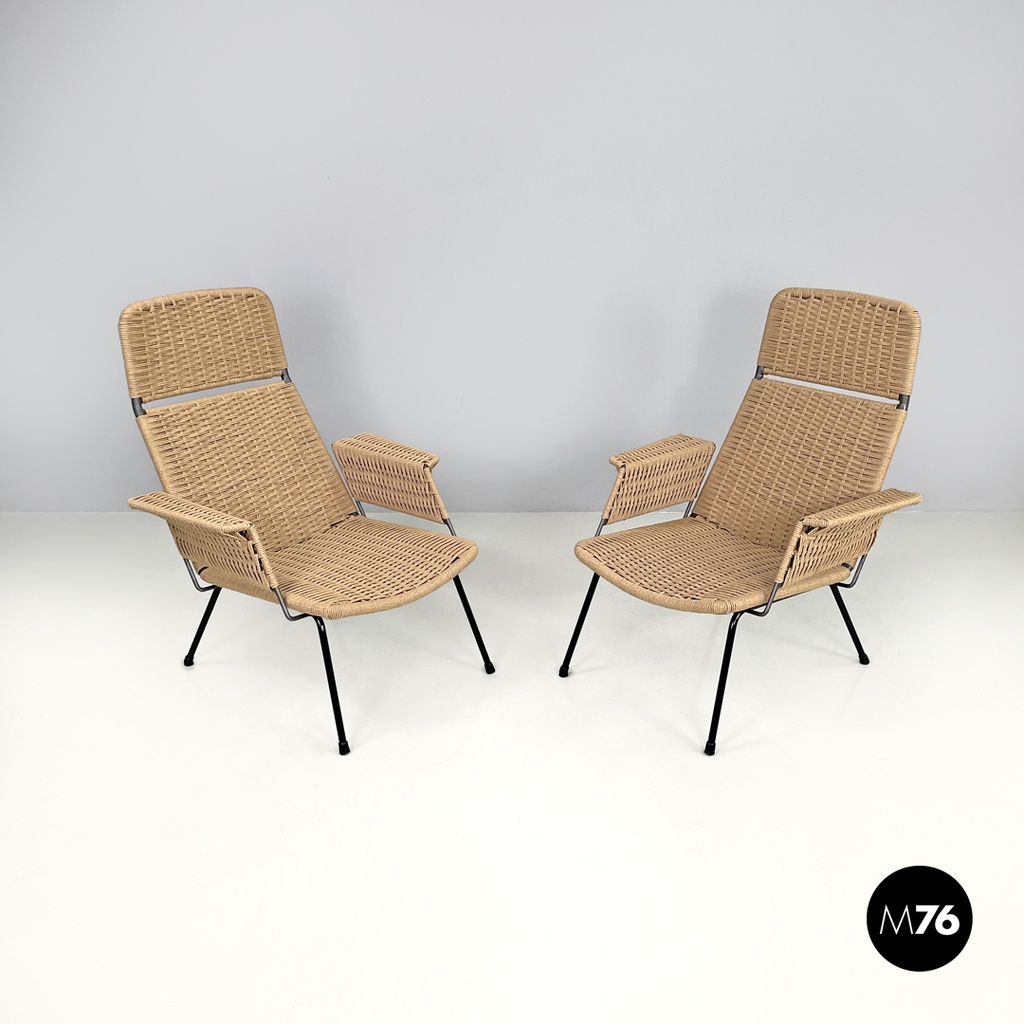 Italian mid-century modern armchairs with metal structure and beige rope, 1960s