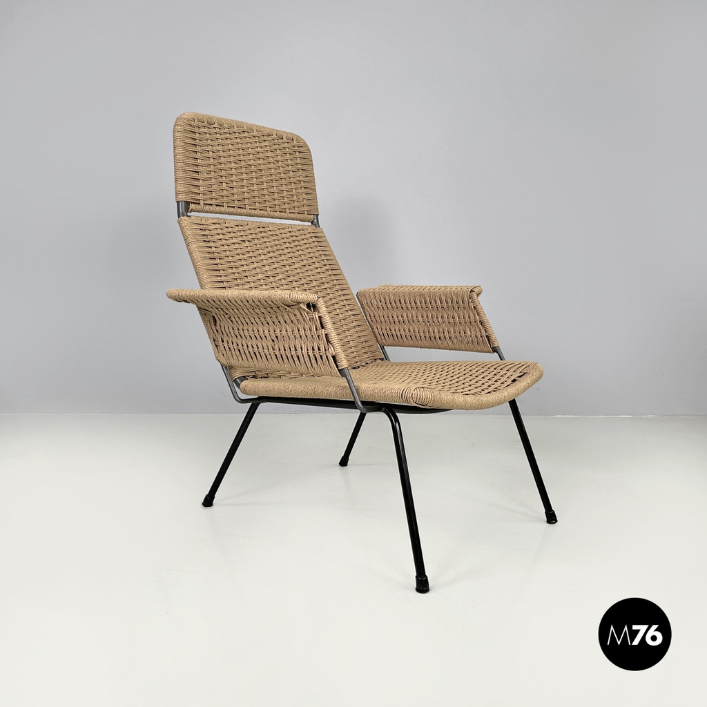 Italian mid-century modern armchairs with metal structure and beige rope, 1960s
