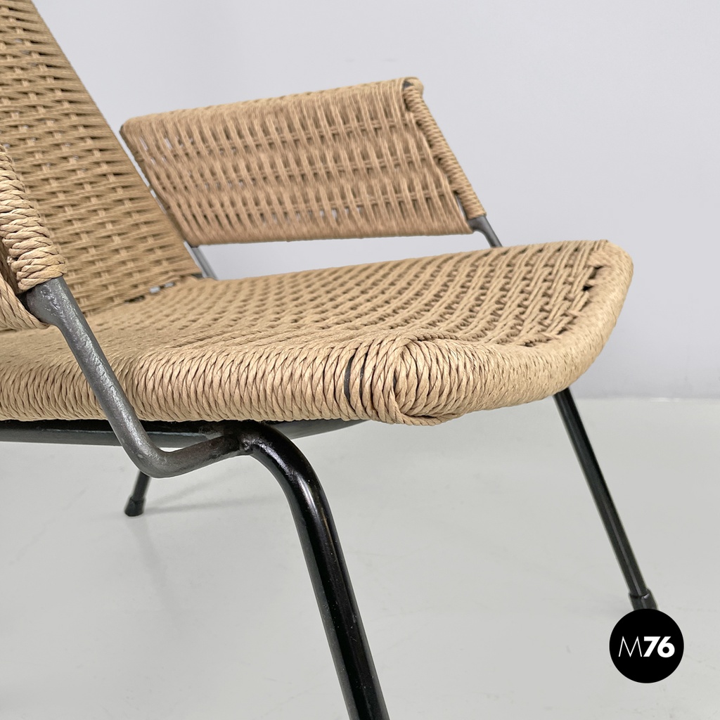 Italian mid-century modern armchairs with metal structure and beige rope, 1960s