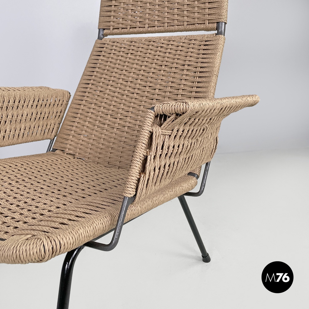 Italian mid-century modern armchairs with metal structure and beige rope, 1960s