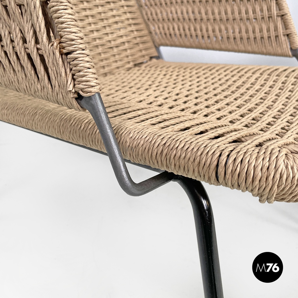 Italian mid-century modern armchairs with metal structure and beige rope, 1960s