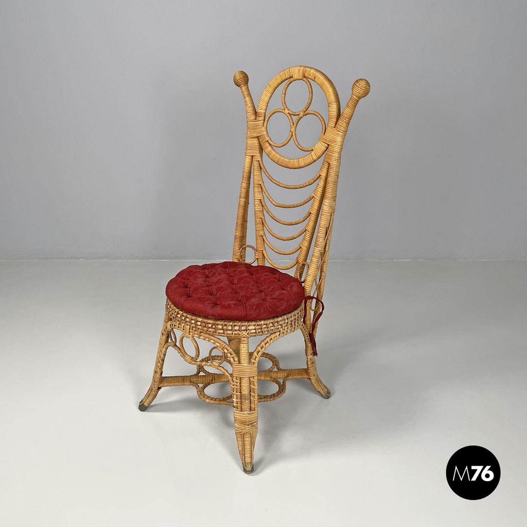 Italian antique rattan chairs with round decorations and red pillows early 1900s