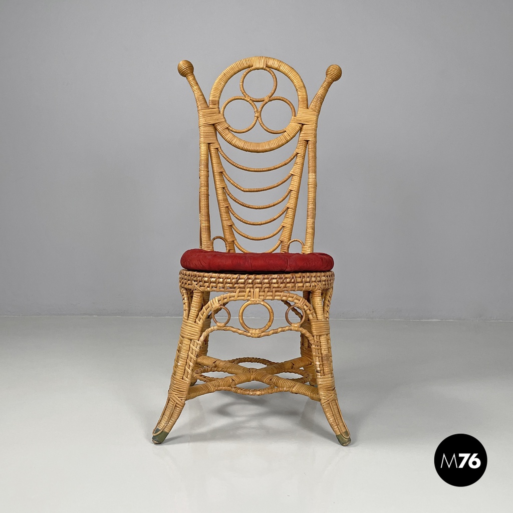 Italian antique rattan chairs with round decorations and red pillows early 1900s