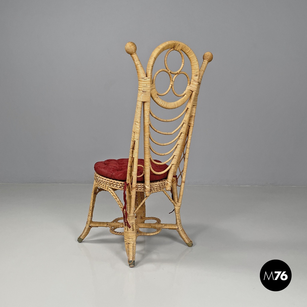 Italian antique rattan chairs with round decorations and red pillows early 1900s