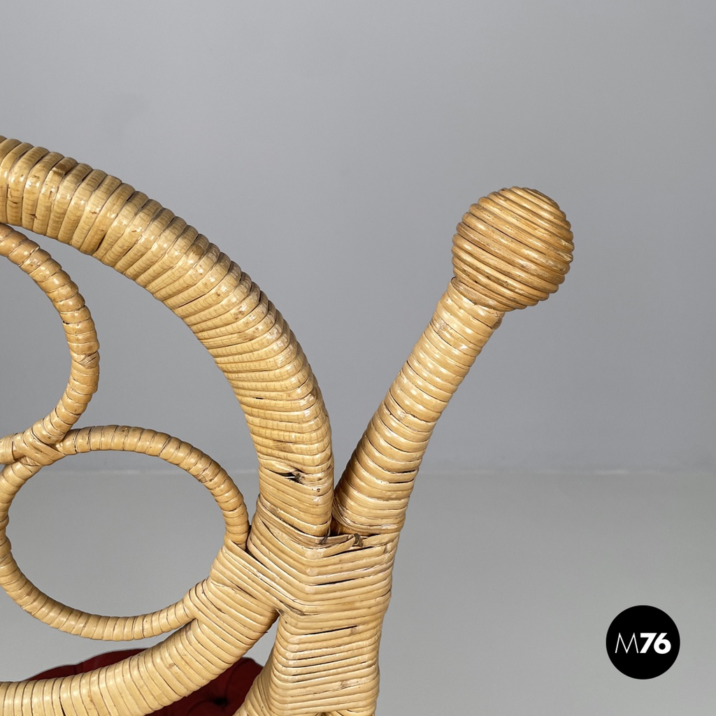 Italian antique rattan chairs with round decorations and red pillows early 1900s