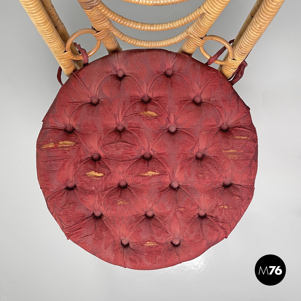 Italian antique rattan chairs with round decorations and red pillows early 1900s