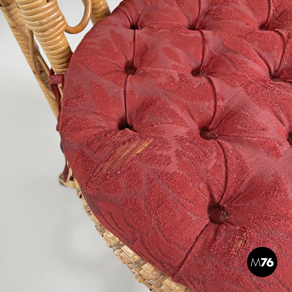 Italian antique rattan chairs with round decorations and red pillows early 1900s