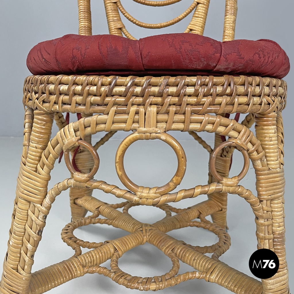 Italian antique rattan chairs with round decorations and red pillows early 1900s