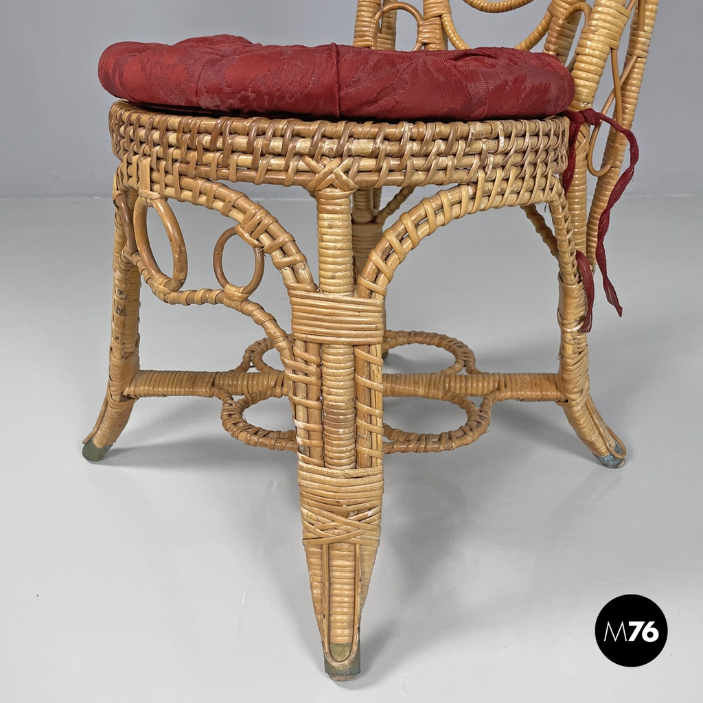 Italian antique rattan chairs with round decorations and red pillows early 1900s