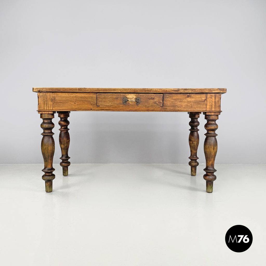 Italian antique wooden dining table with one drawer and brass handle, 1800s