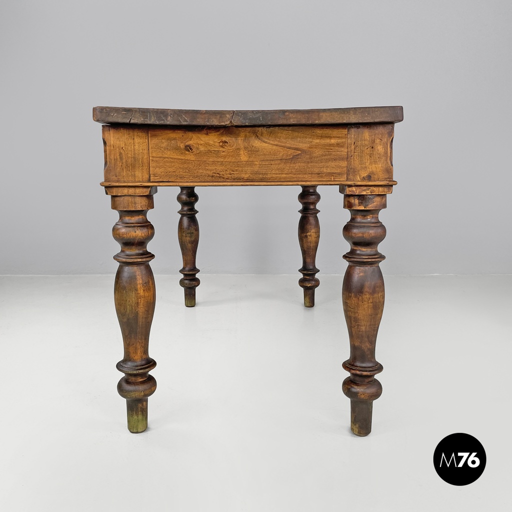 Italian antique wooden dining table with one drawer and brass handle, 1800s