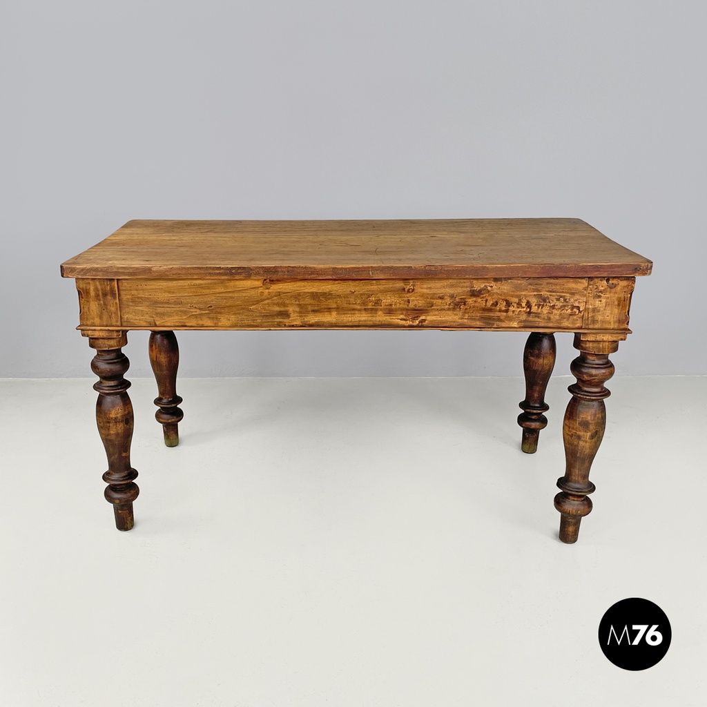 Italian antique wooden dining table with one drawer and brass handle, 1800s